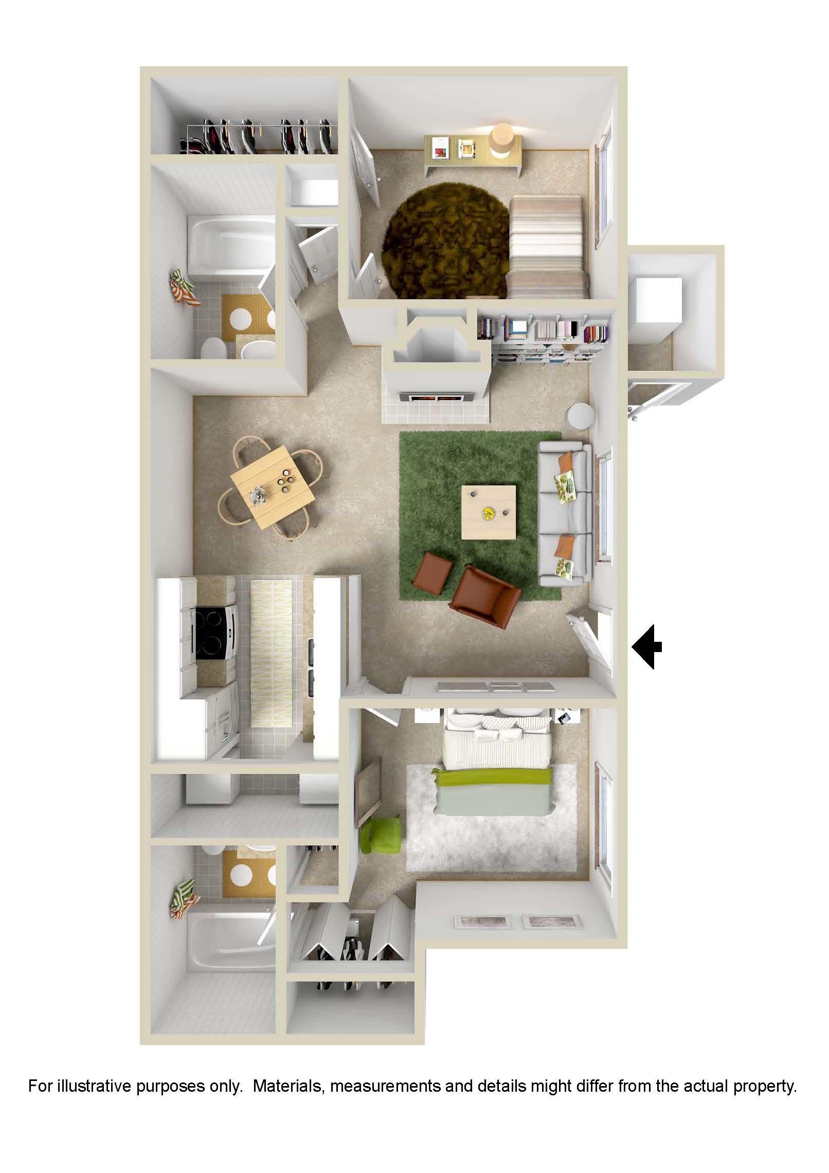 Floor plan for 2 beds, 2 baths, 957 sqft